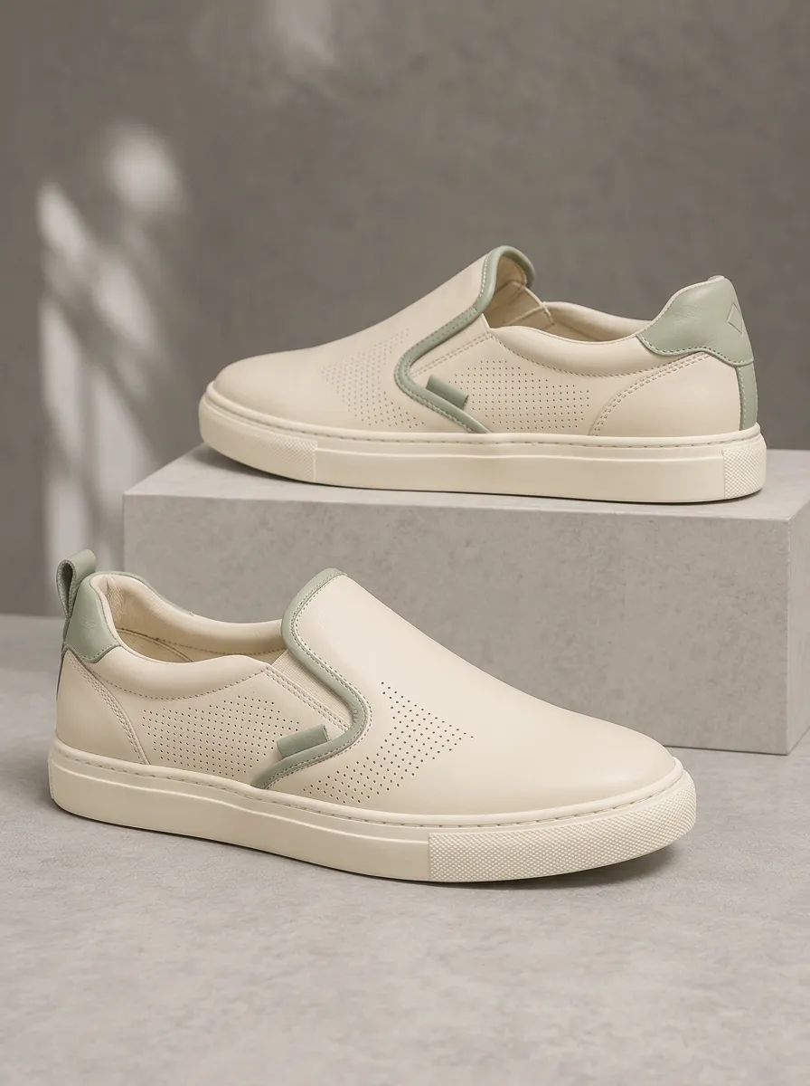 Men's Casual Beige Sage Green Perforated Slip-on Shoes