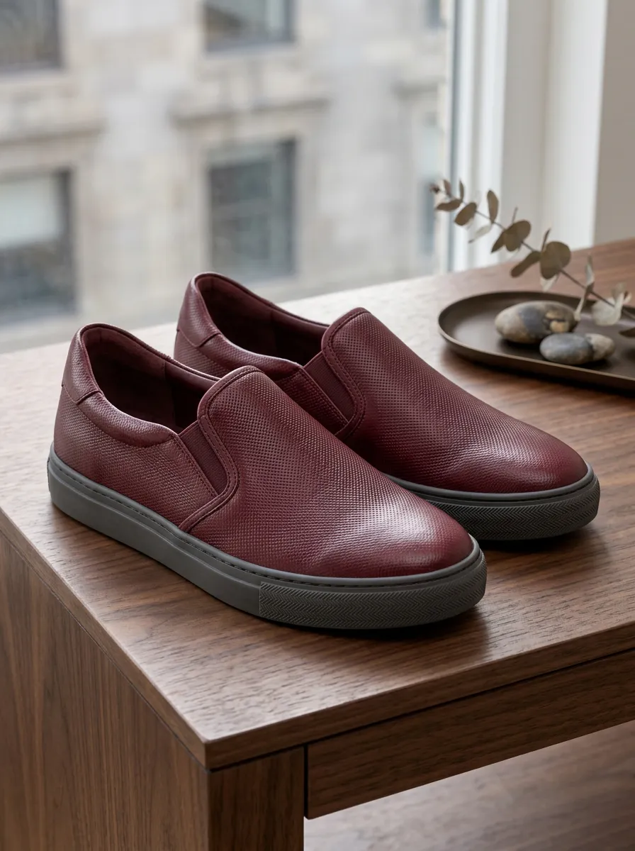 Women's Burgundy Micro-Perforated Textured Slip-on Shoes