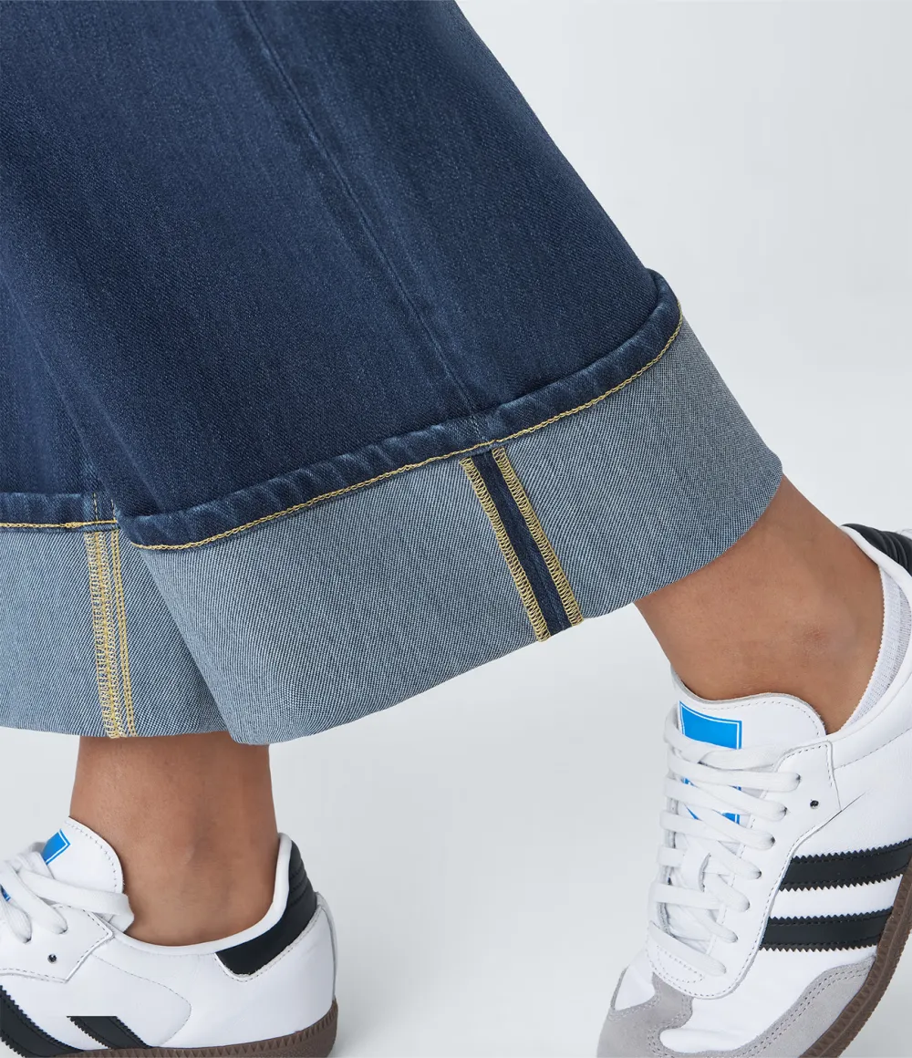 Magic High Waisted Multiple Pockets Rolled Hem Wide Leg Washed Stretchy Knit Casual Jeans