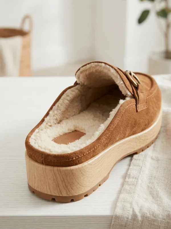 Women's Outdoor Faux Fur Lined Buckle Detail Platform Suede Wood Sole Loafers