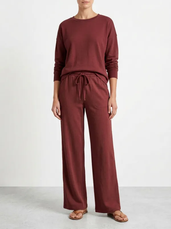 Women's Long-Sleeve Crewneck Pullover And Drawstring Wide-Leg Trouser Lounge Set