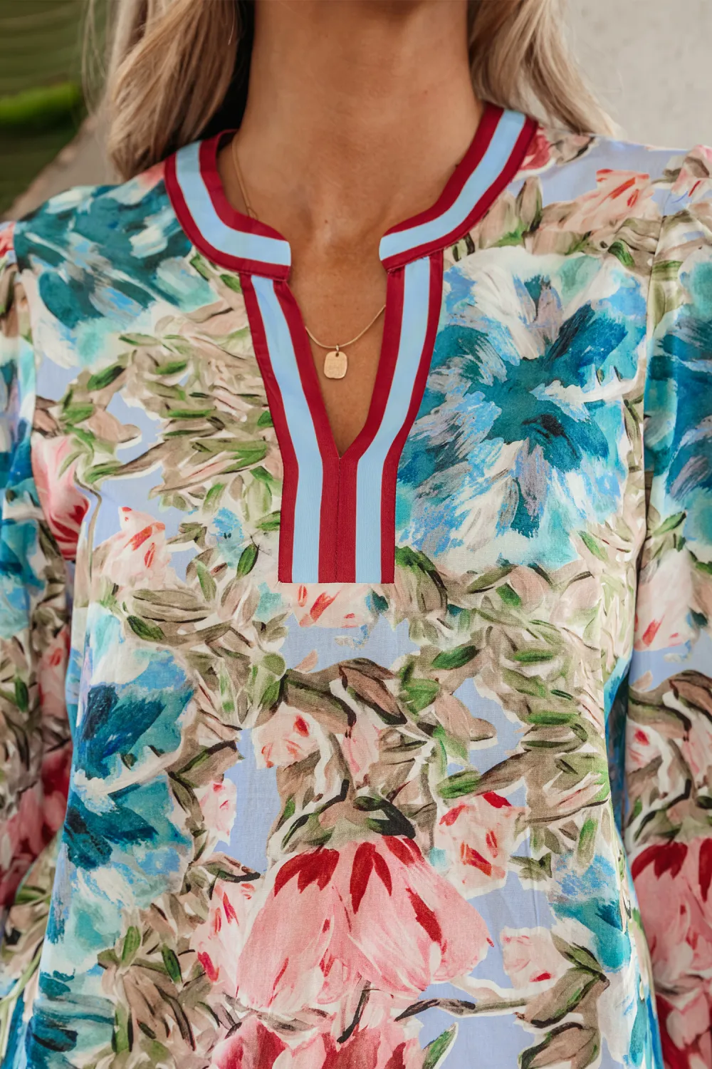 Sky Blue Contrast Trim V Neck Blouse