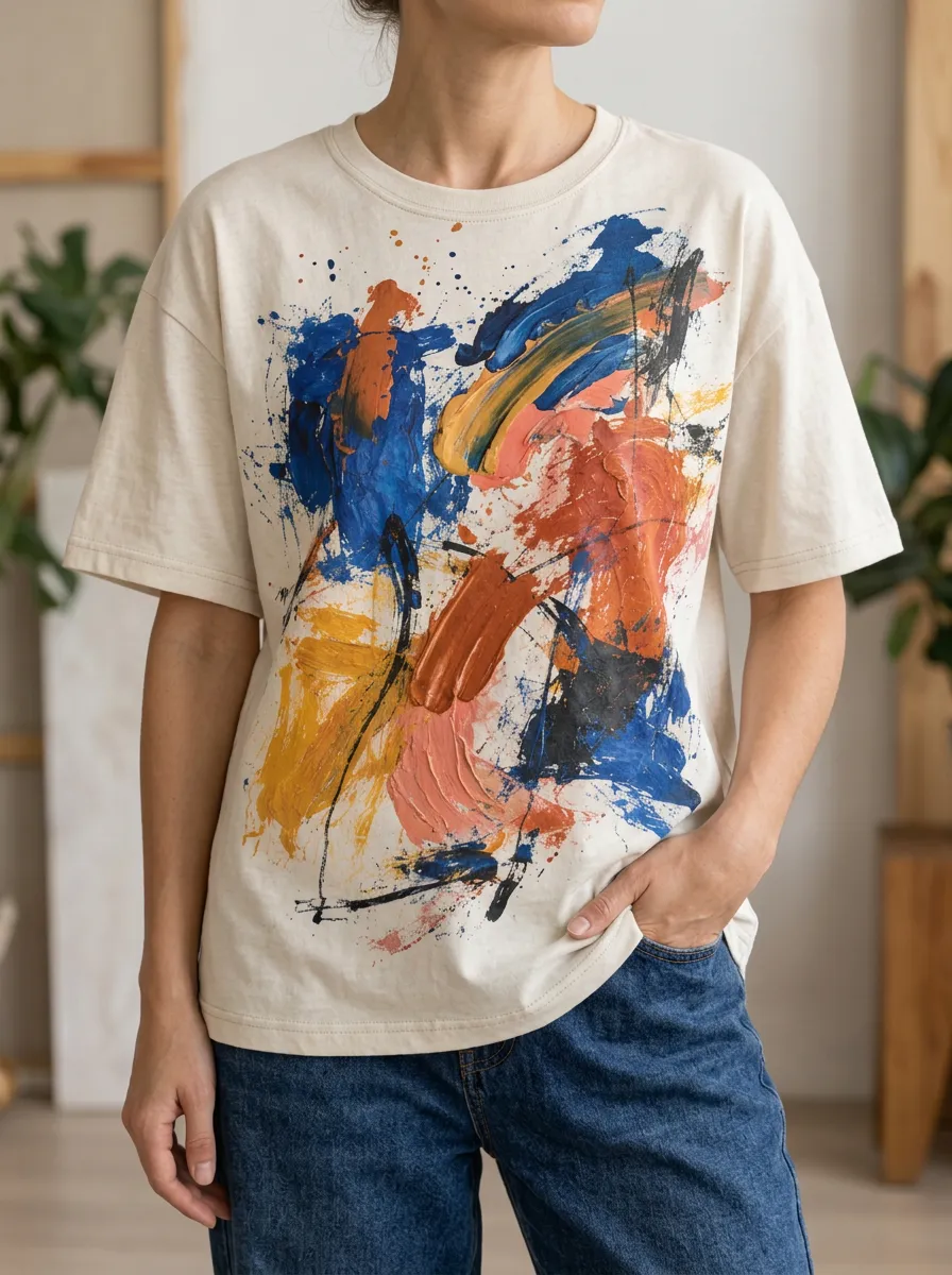 Women's Layered Abstract Art Lover Colorful Paint Stroke Crew Neck T-Shirt