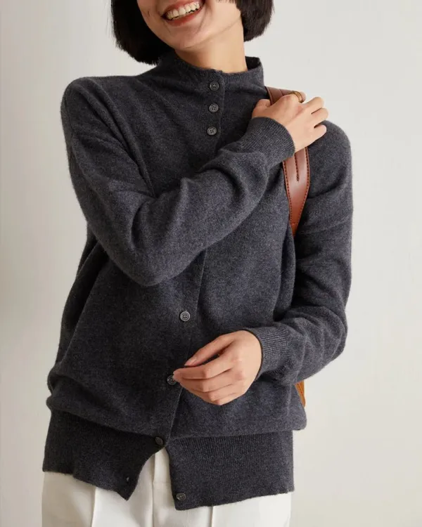 Cashmere Wool Button-Front Turtleneck Cardigan