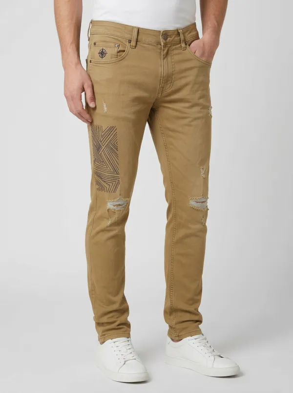 Men's Mid-Blue Geometric Pattern Distressed Slim Fit Jeans