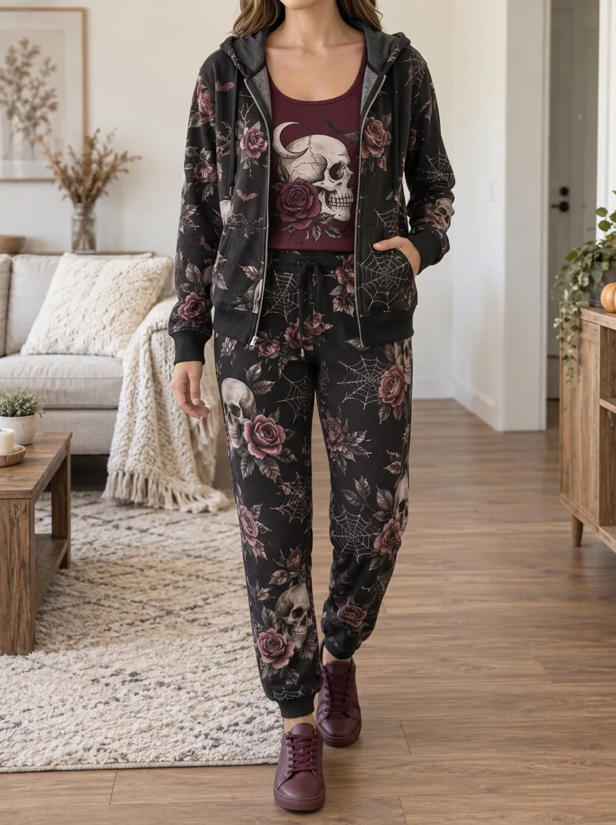 Women's Halloween Gothic Skull Rose Spiderweb Hooded Jacket Jogger Set