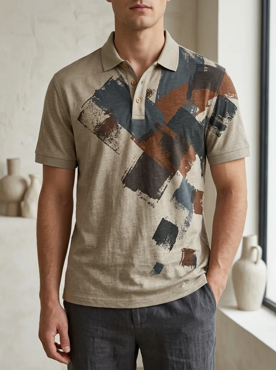 Men's Abstract Brushstroke Pattern Printed Polo Shirt Off Duty Casual Style