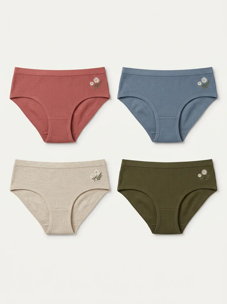 Women's Four-Pair Daisy-Embroidered Ribbed Moderate-Coverage Brief Set