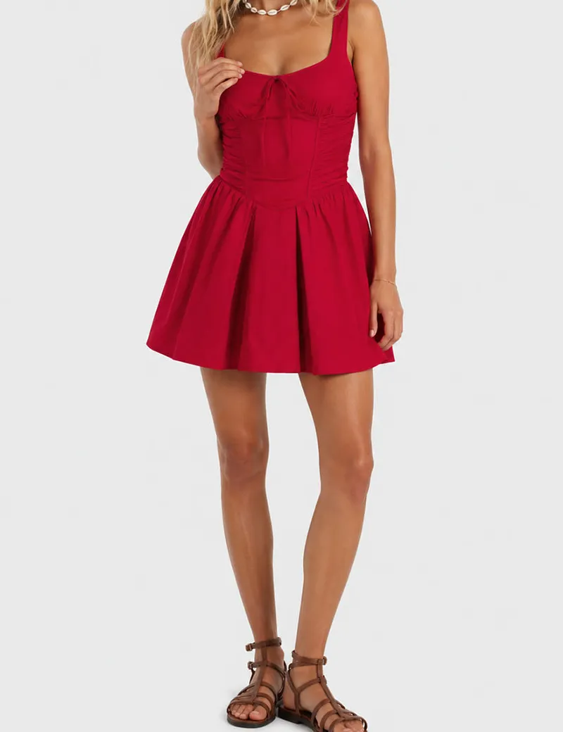 Solid Color Corset Ruched Square Neck Mini Dress