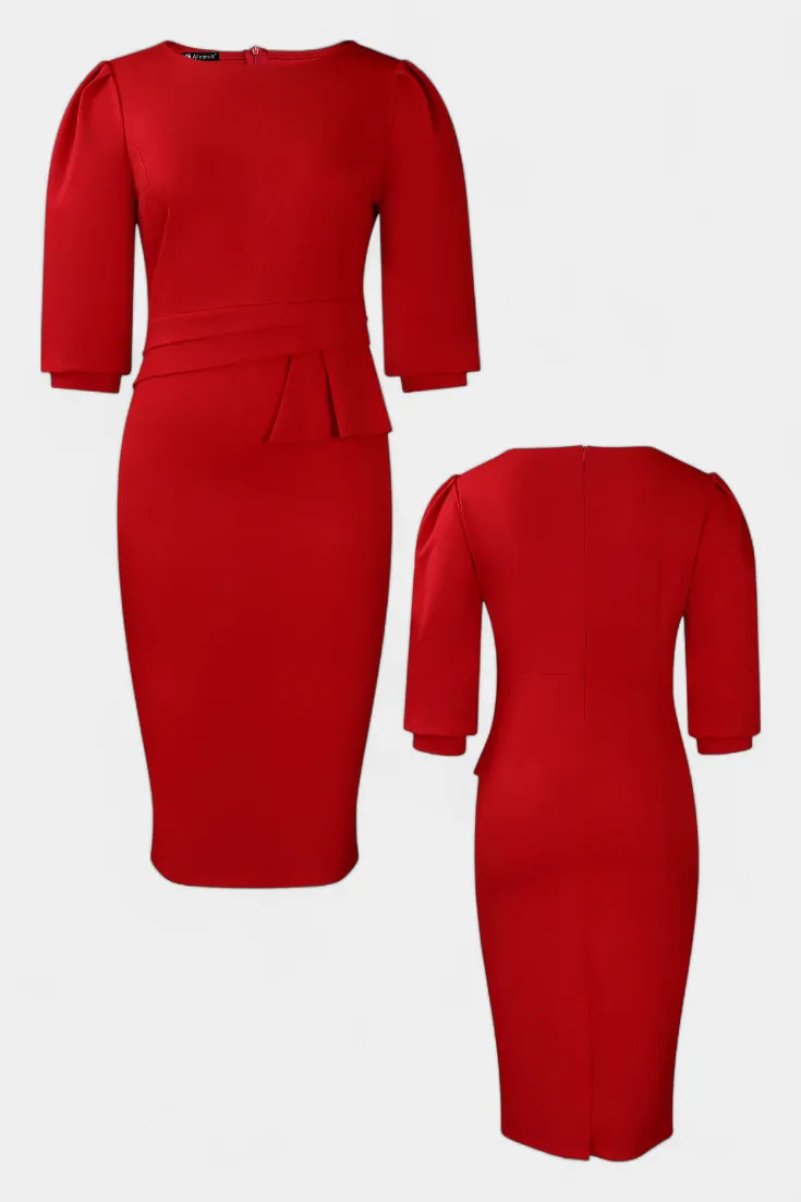 Fitted Puff-Sleeve Midi Dress