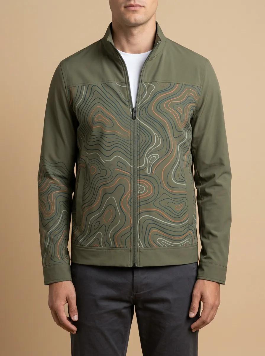Topographic Print Welt Pockets Zip-Up Jacket
