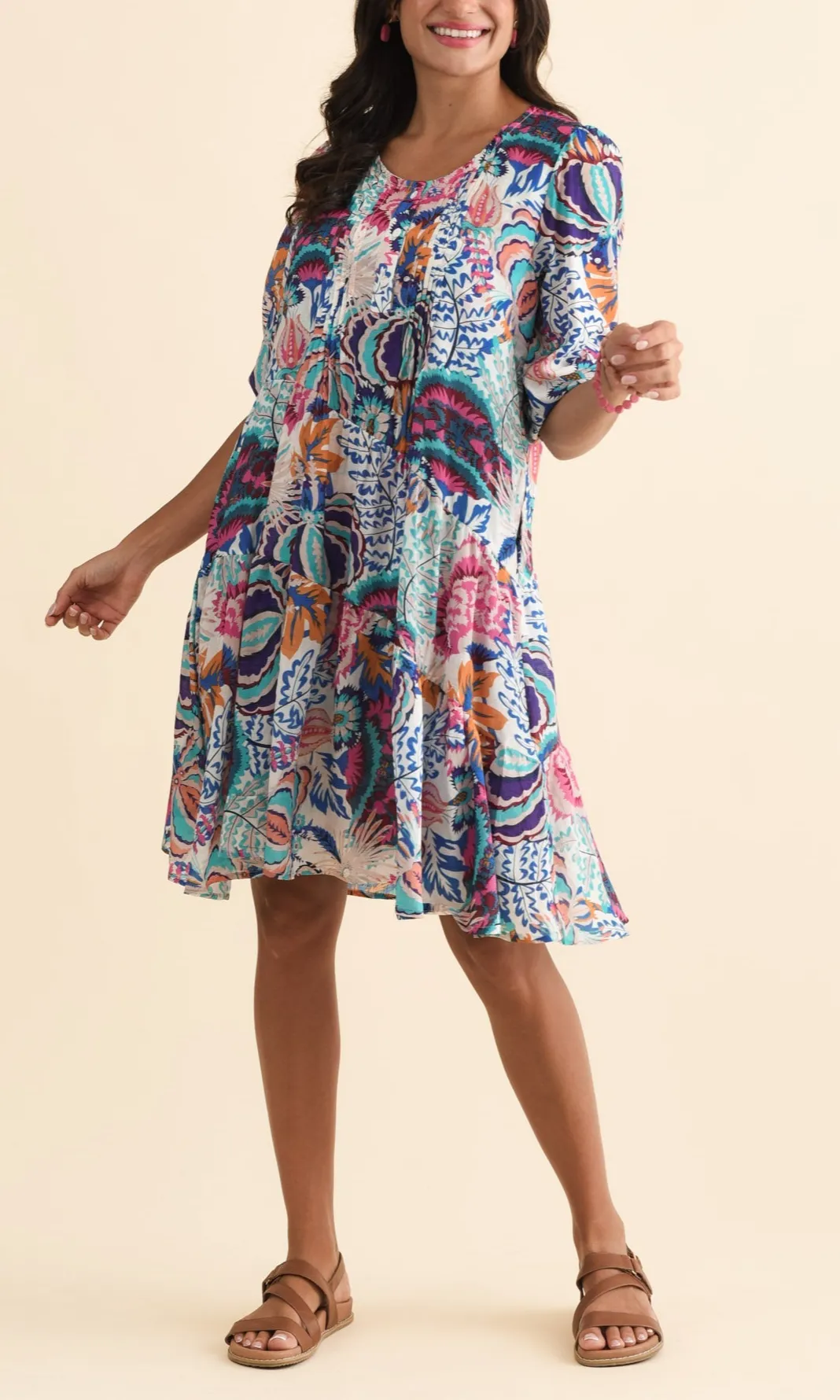 Floral Cotton Pocket Pleated V-Neck Half-Sleeve Above-Knee Dress