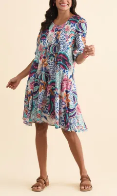 Floral Cotton Pocket Pleated V-Neck Half-Sleeve Above-Knee Dress