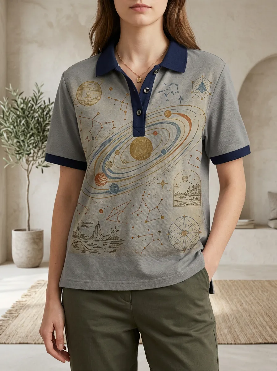 Women's Modern Astronomy Lover Solar System Constellation Polo Shirt