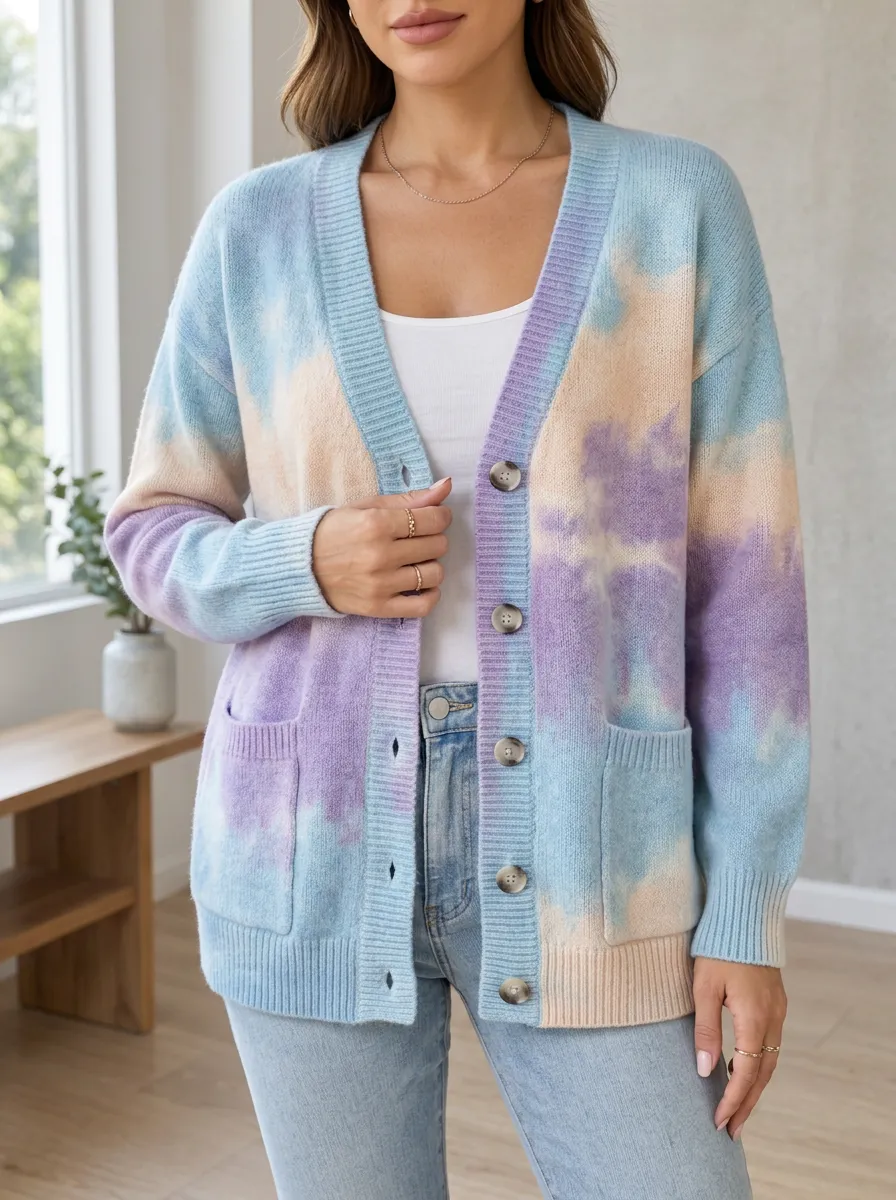 Women's Pastel Tie-Dye Pattern Printed Patch Pocket Versatile Weekend Cardigan