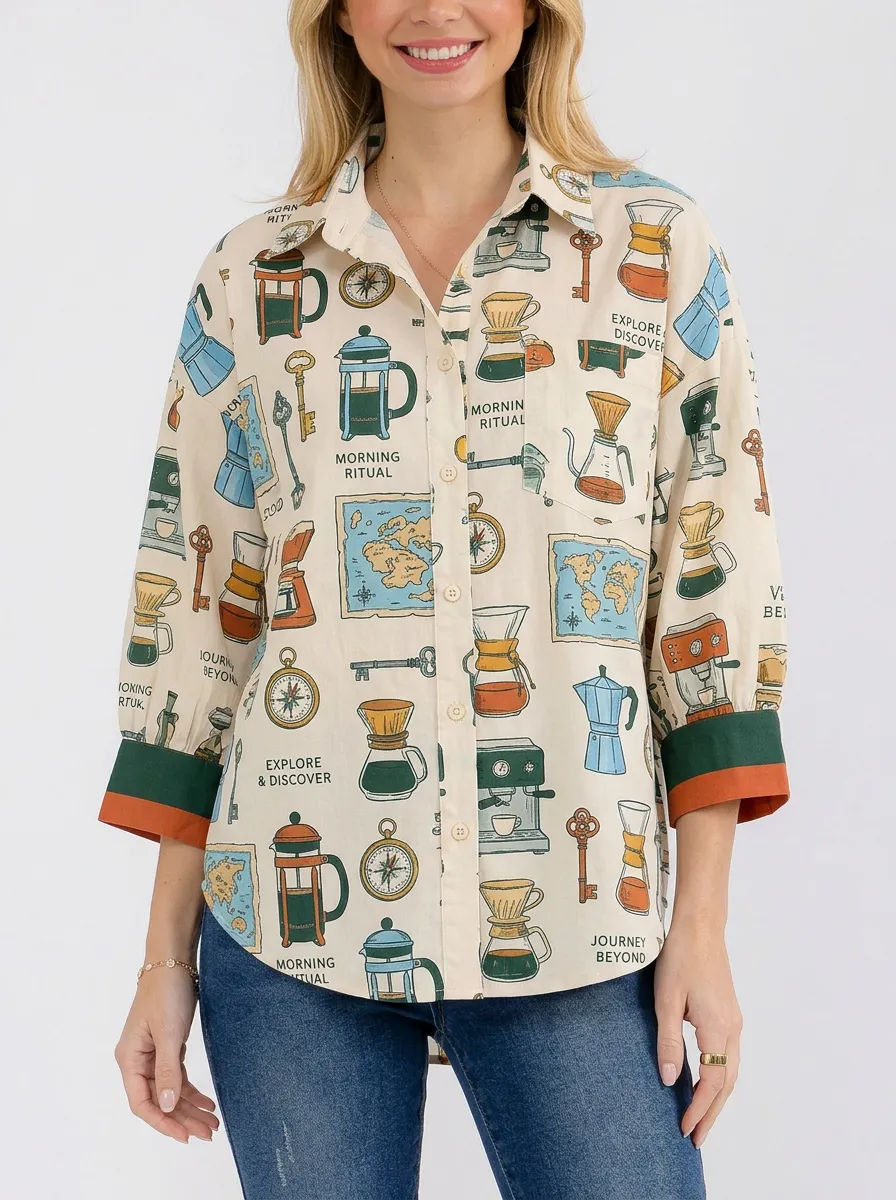 Women's Coffee Travel Map Graphic Button-Up Shirt
