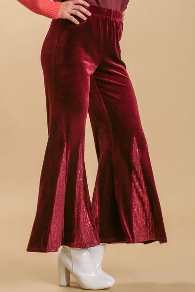 Sequin Elastic Waist Velvet Stretch Flared Pants
