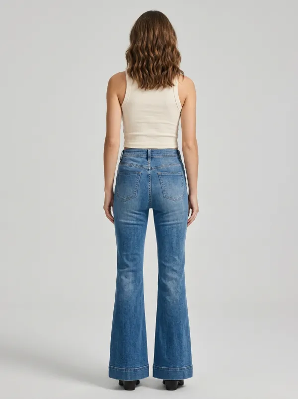 Women's Vintage Style High Waisted Button Front Flare Jeans