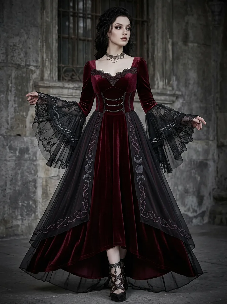 Dark Romantic Moon Phase Moon Thorn Style Women's Gothic Dress