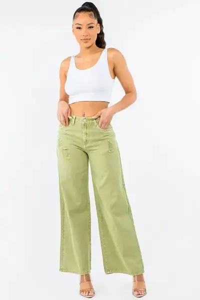 Utility High Waist Wide Leg Distressed Denim Jeans