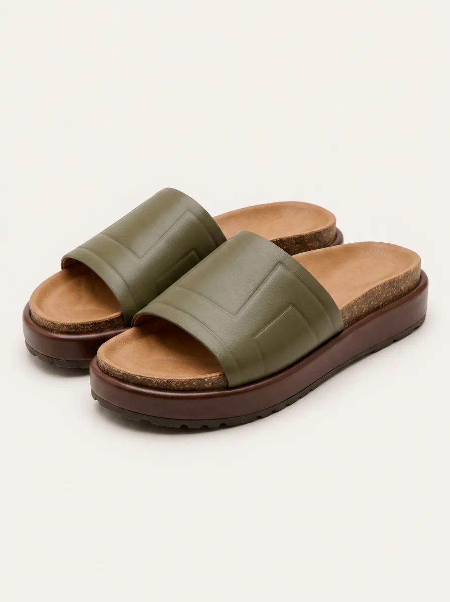 Women's Minimalist Olive Green Geometric Embossed Platform Slides