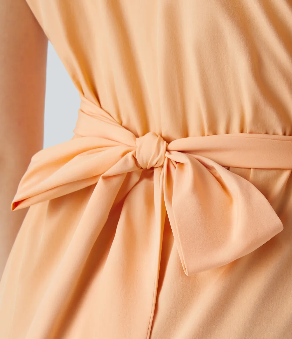Breezeful V Neck Short Sleeve Side Pocket Tie Back Quick Dry Midi Casual Dress