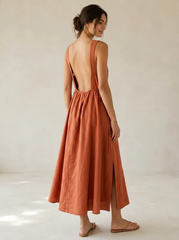 Women's Weekend-Ready Casual Linen Midi Backless Dress