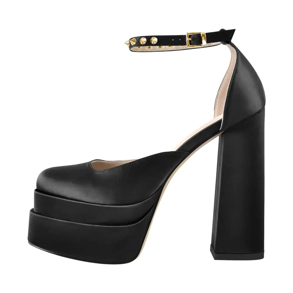 Rivet Square Toe Double Platform Chunky Heel Ankle Strap Pumps