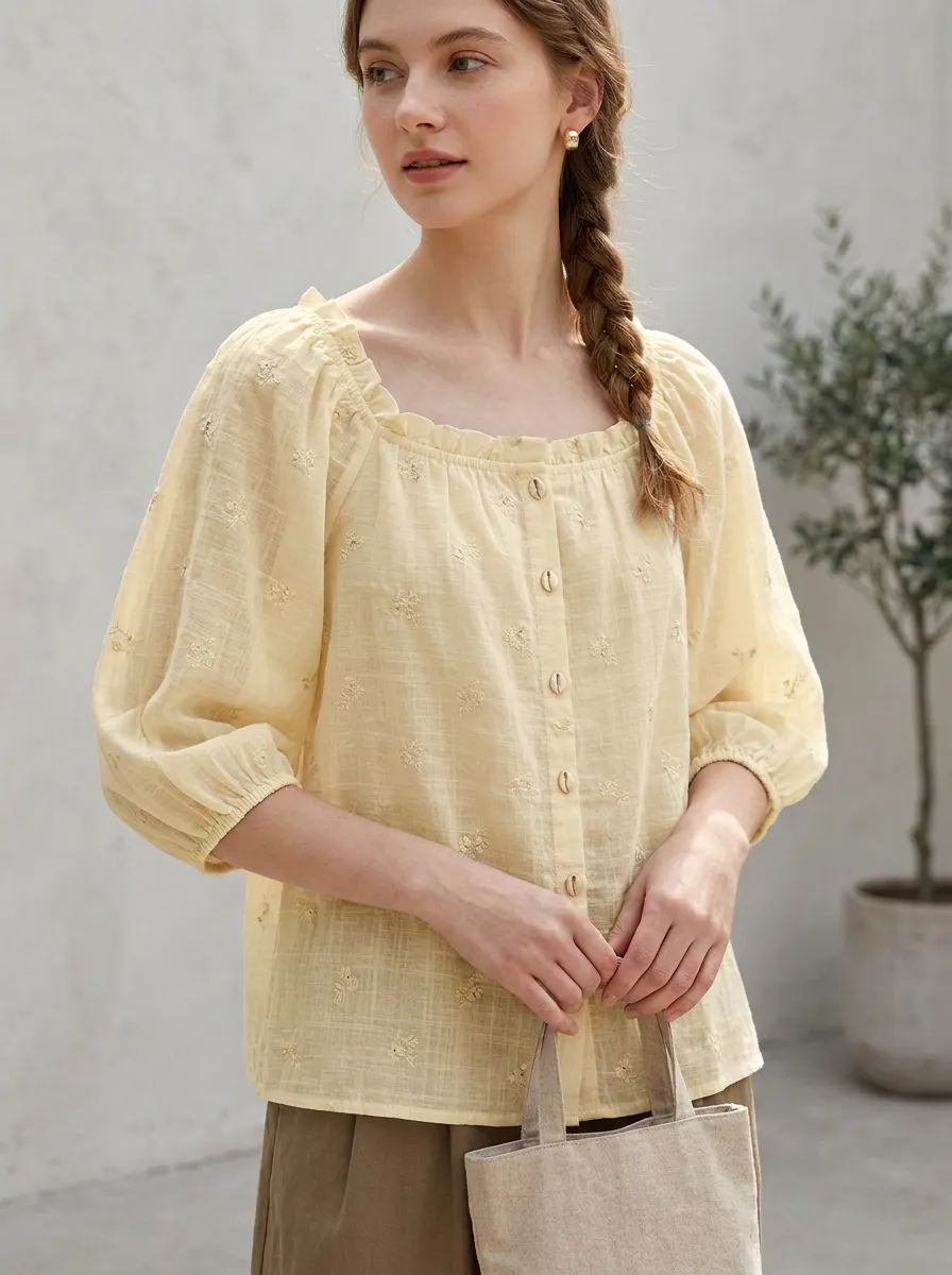 Embroidered Button-Front Women's Puff-Sleeve Blouse
