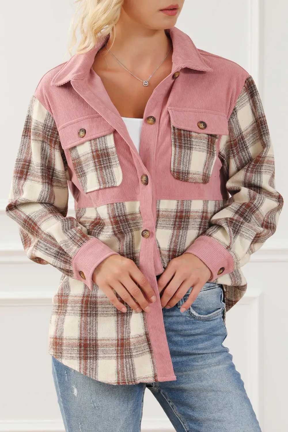 Plaid Corded Patchwork Flap Pocket Shirt Jacket