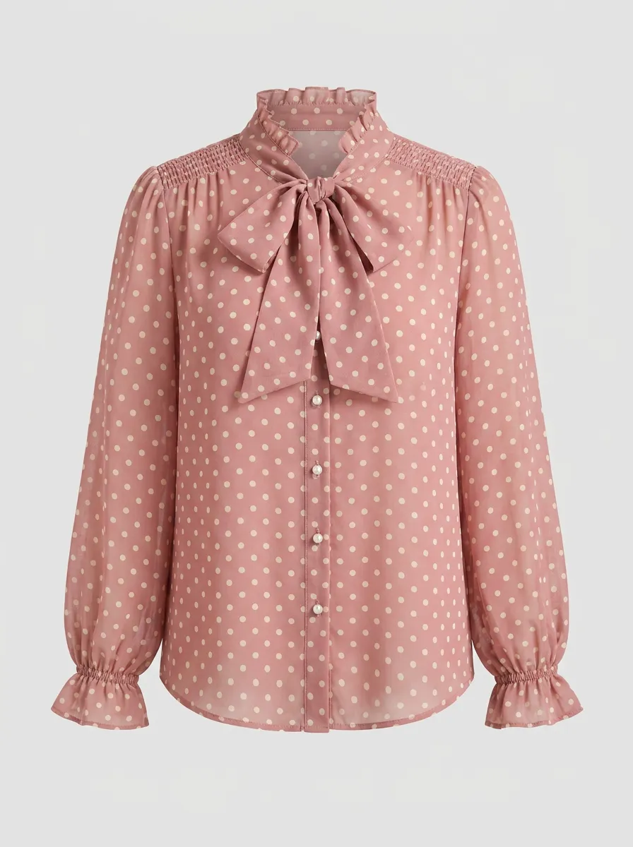 Women's Vintage Polka Dot Bow Tie Ruffle Printed Blouse