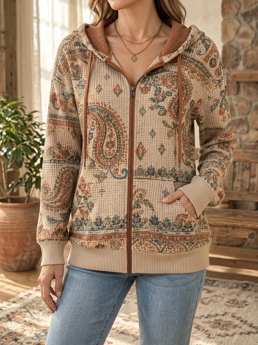 Women's Boho Paisley Pattern Signature Graphic Waffle Zip-Up Hoodie
