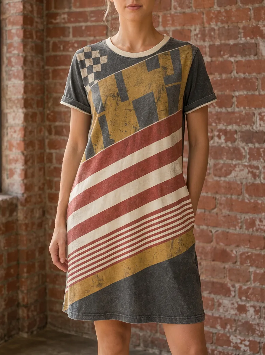 Women's Patriotic USA Flag Distressed Checkered Printed Dress