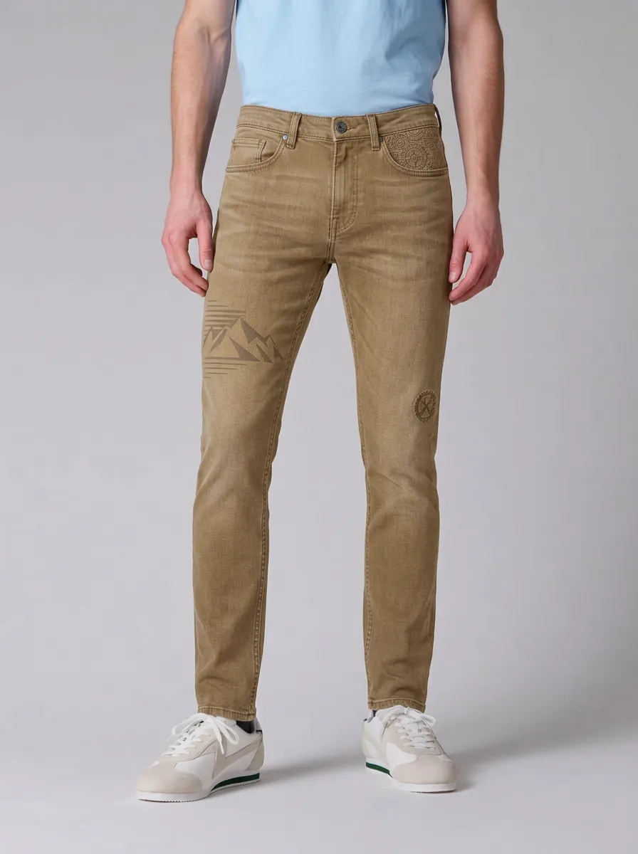 Men's Charcoal Grey Mountain Graphic Gear Stretch Jeans