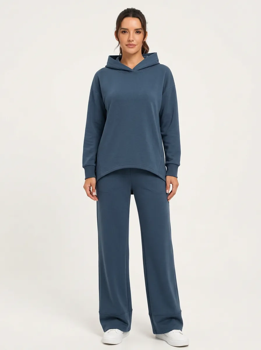 Women's Casual Solid Blue Long Sleeve Hoodie Pants Set