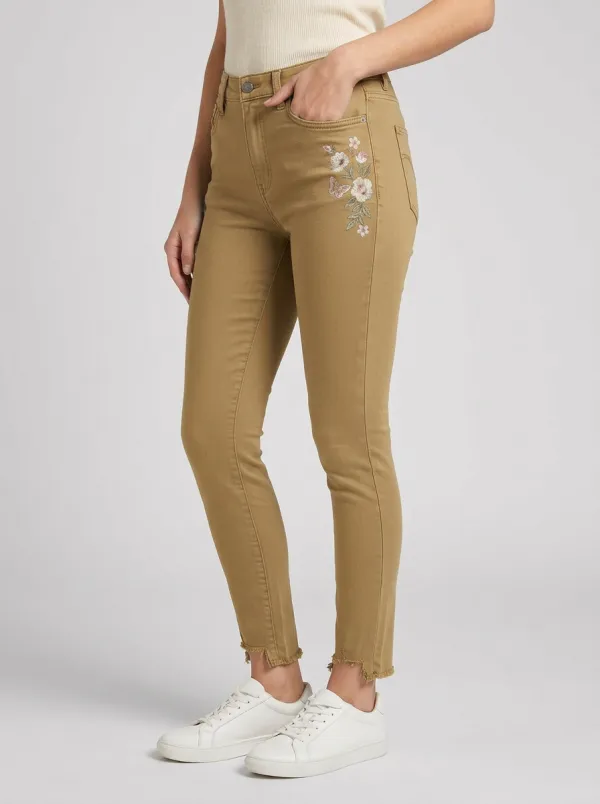Women's Floral Butterfly Embroidered Distressed Slim Jeans