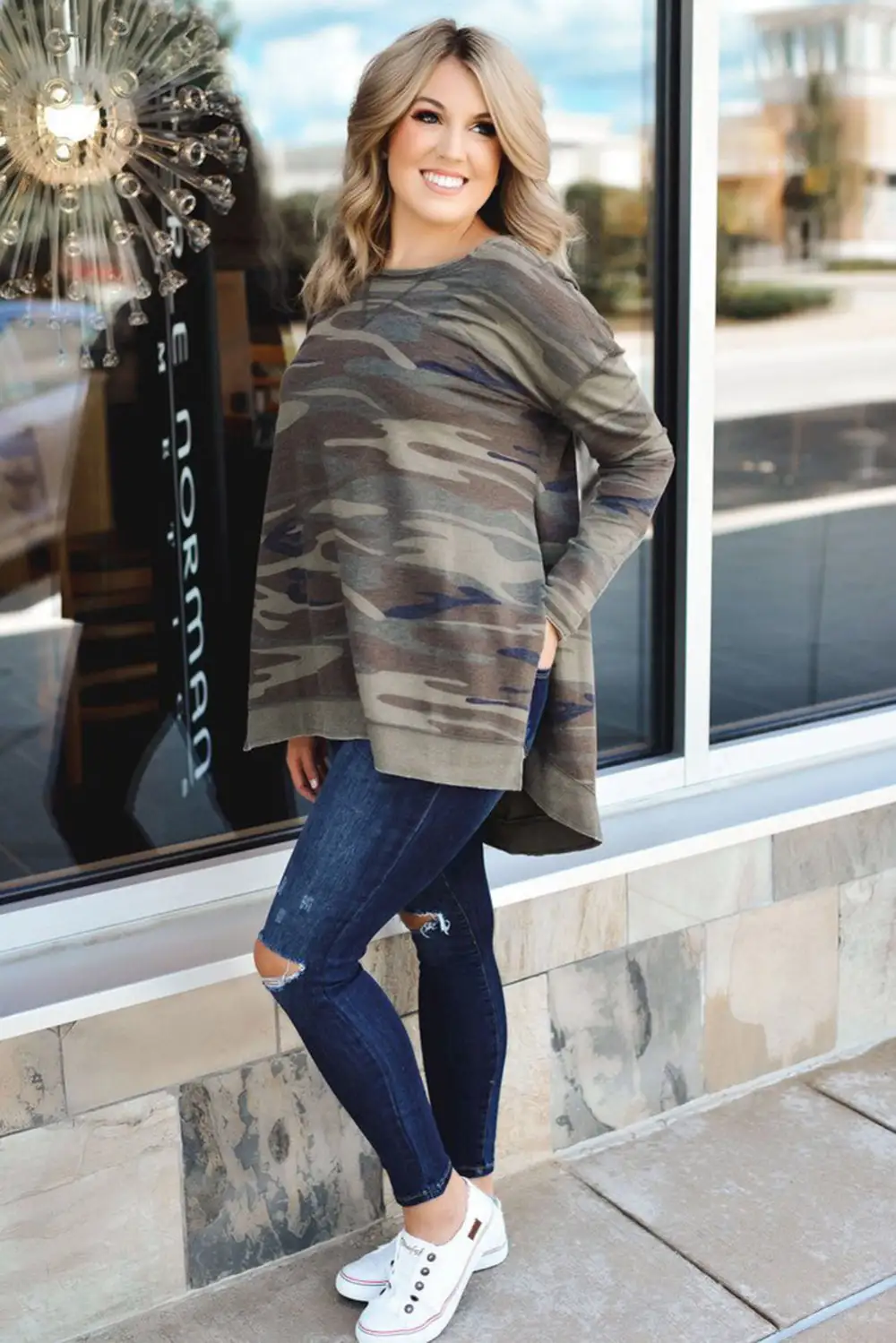 Oversized Camo Print Side Slits Hi Lo Hemline Sweatshirt