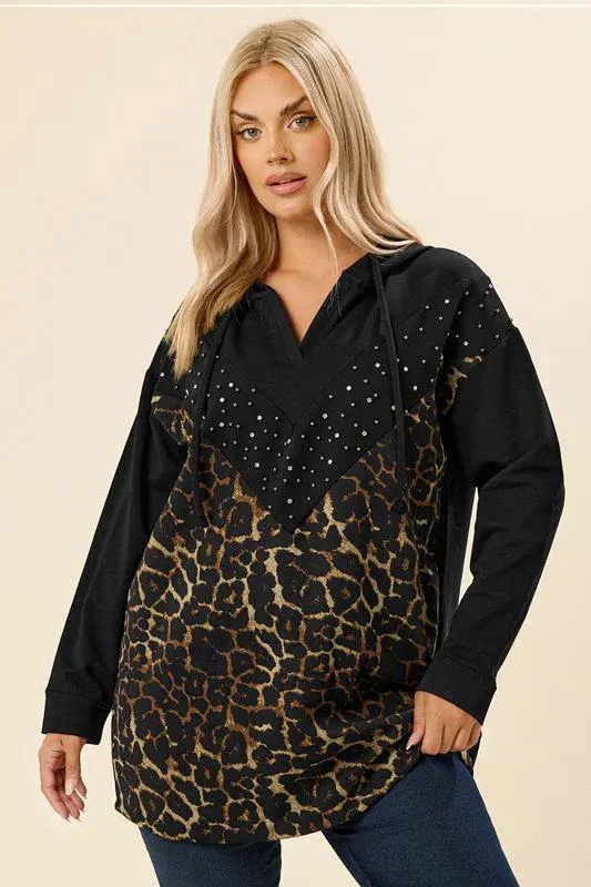 Black Leopard Print Stud Hoodie