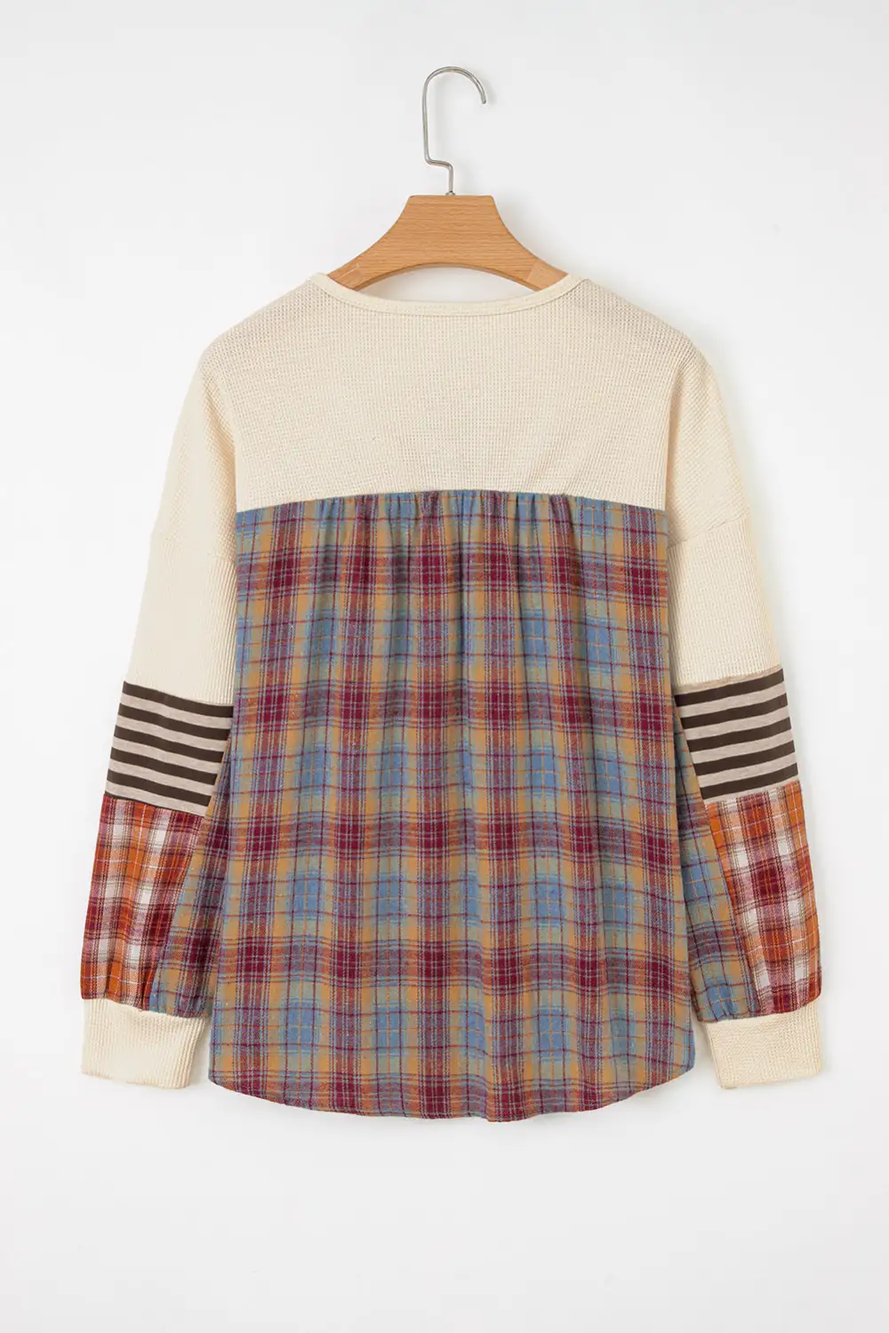 Plaid Henley Neck Waffle Knit Relaxed Cotton Blend Long Sleeve Top