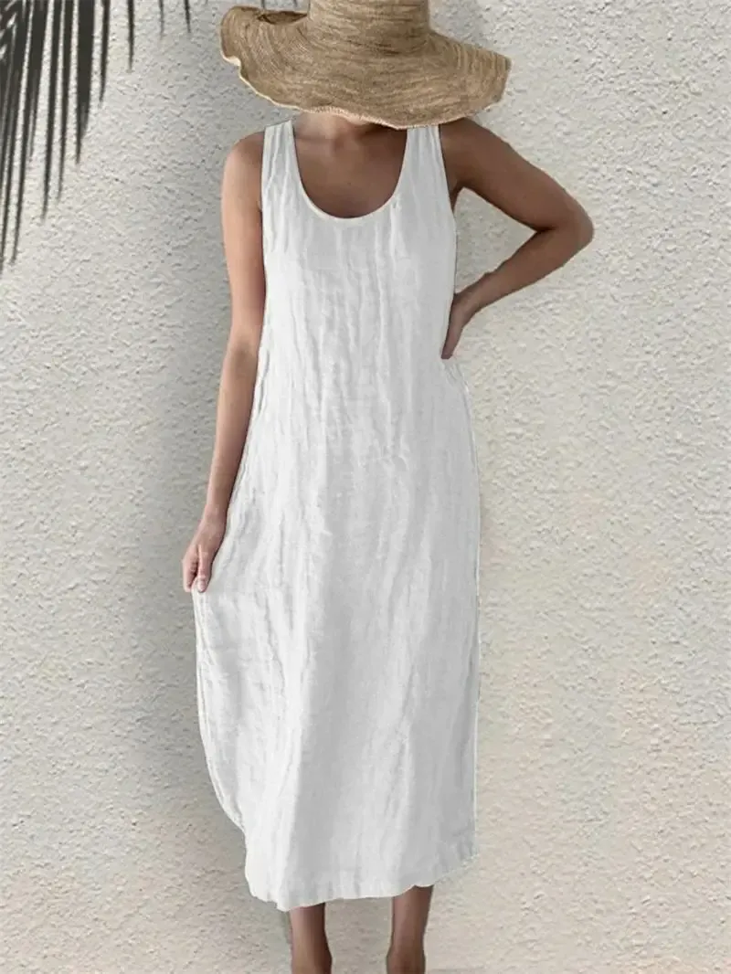 Sleeveless Linen Blend Cotton Blend Midi Tie Detail Dress