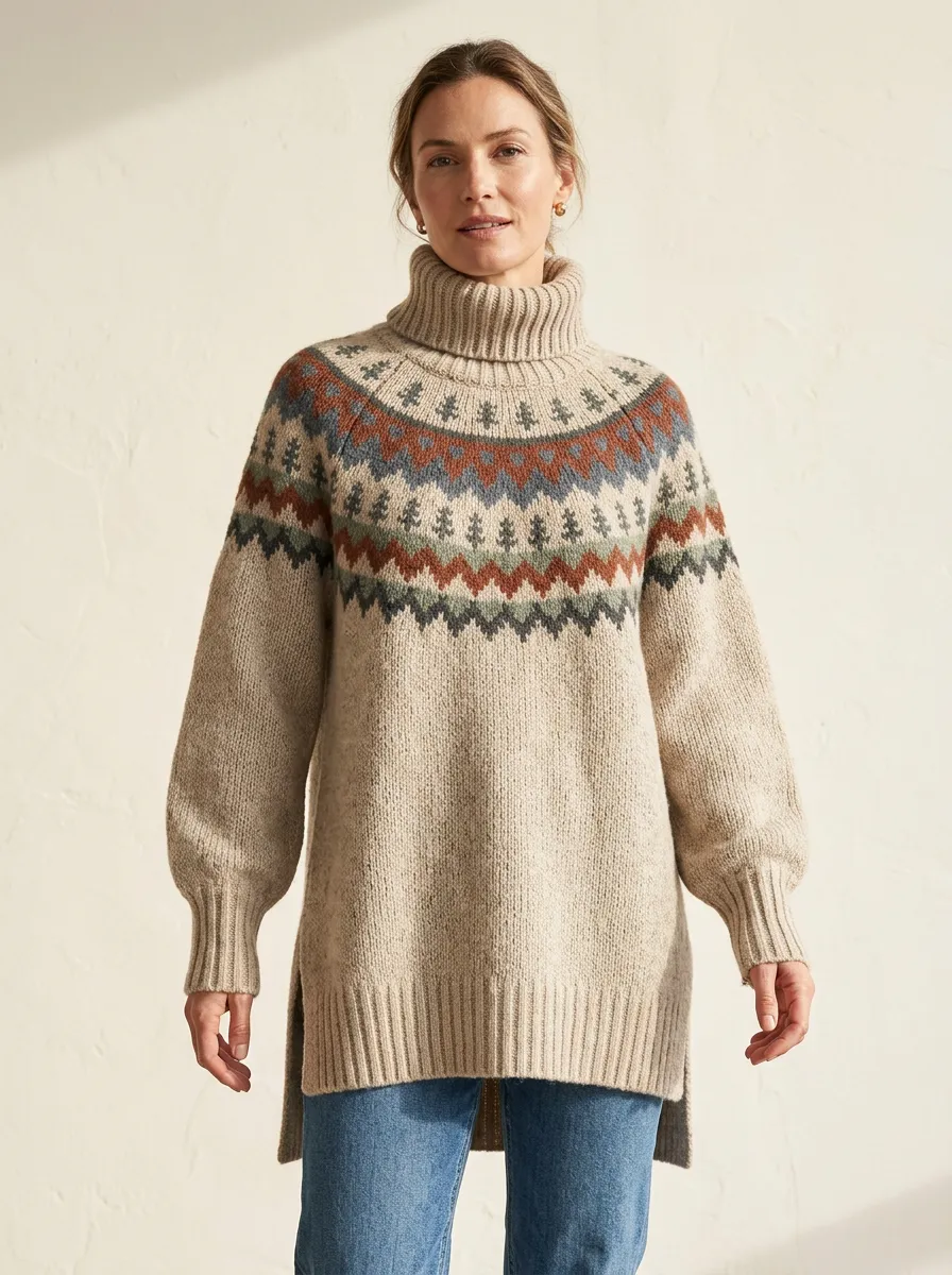 Women's Winter Forest Fair Isle Pattern Printed Turtleneck Sweater