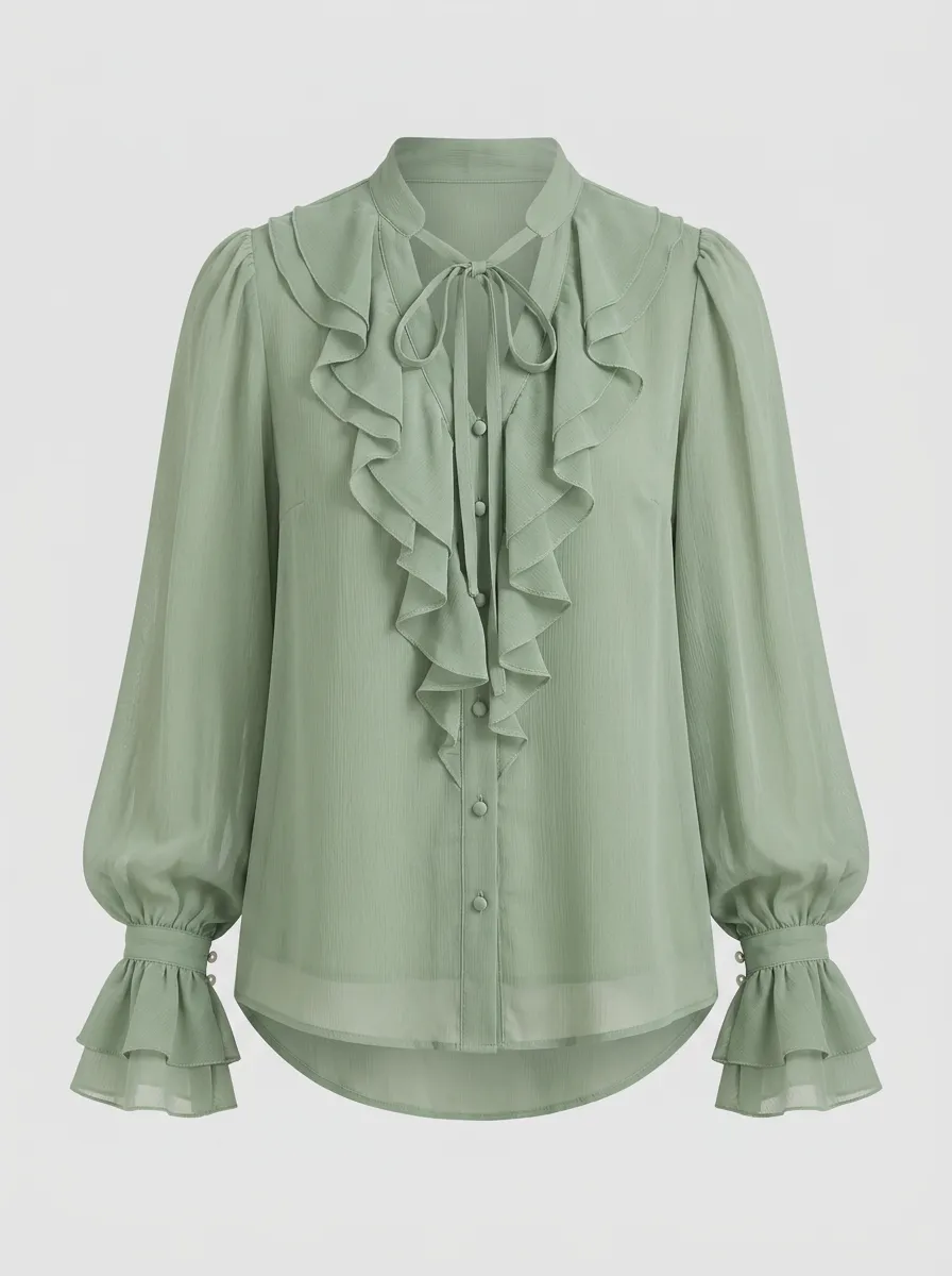 Women's Sage Green Ruffle Trim Tie Neck Long Sleeve Blouse