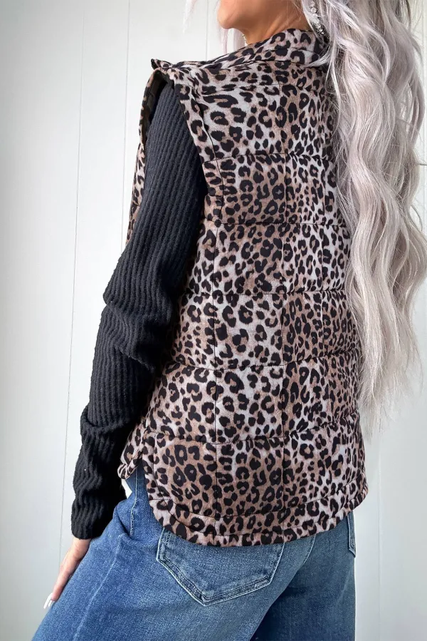 Leopard Quilted Zip Puffer Vest