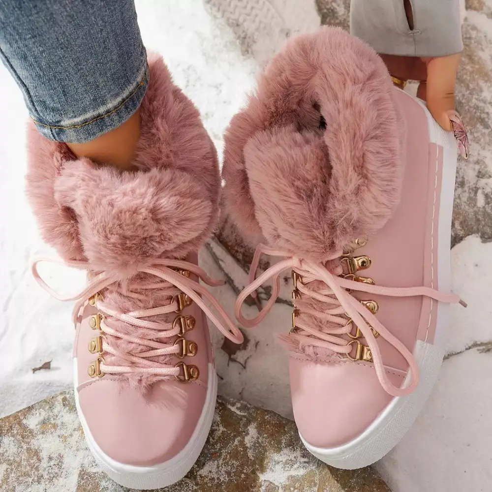 Refined Fuzzy Trim Lace-Up Ankle Boots