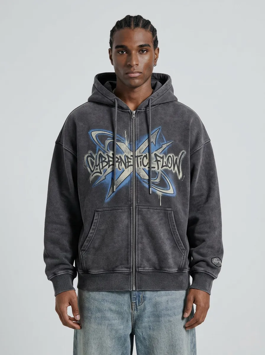 Men's Streetwear Cybernetic Flow Graffiti Printed Zip-up Hoodie