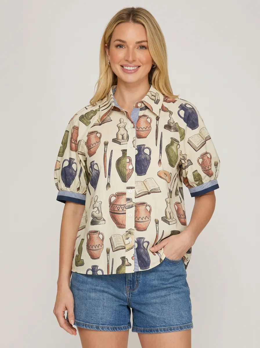 Women's Pottery Art Lover Vase Book Printed Shirt