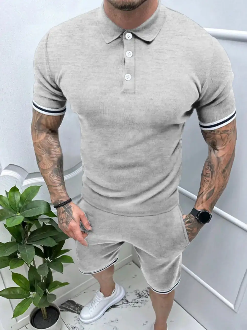 Short Sleeve Button Detail Polo And Shorts Set