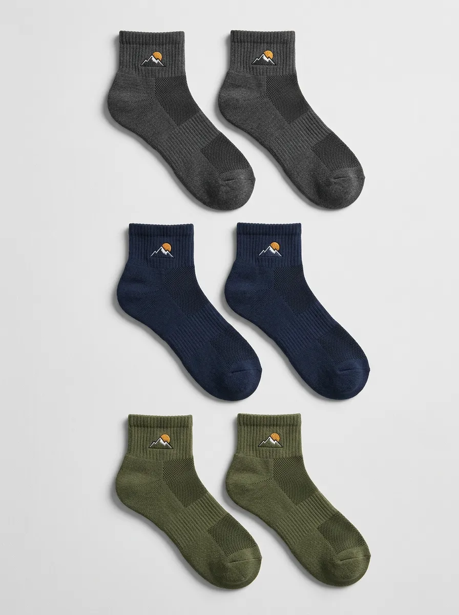 Men's Three-Pair Mountain Sun Embroidered Quarter Sock Set