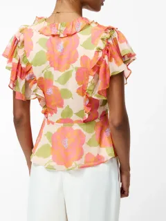 Breathable V-Neck Cropped Top With Ruffled Sleeves