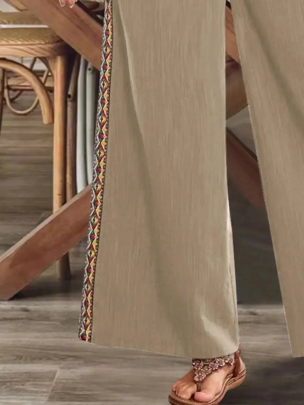 Bohemian Wide-Leg Embroidered Side Stripe Pants